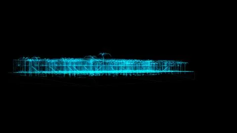 A digital 3D rendering of intricate palm trees glowing in vibrant neon blue Stock Illustration