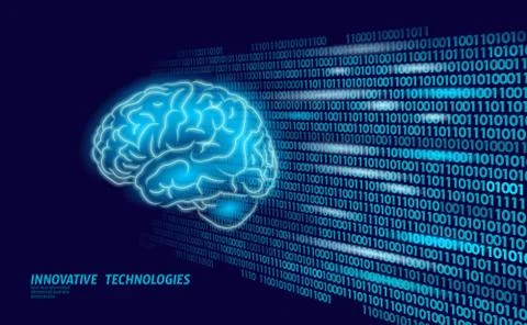 Digital 3D shape of human brain. Low poly polygonal particle point line Illustrazione stock