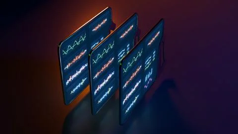 Digital 3D tablets with glowing user interface screens in futuristic style Stock Illustration