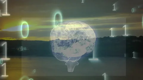 Digital 3D wireframe brain hovering over dusk landscape, floating binary digits Stock Footage 309108491
