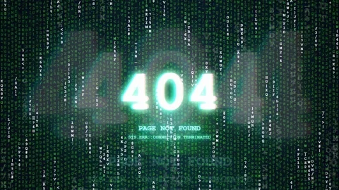 Digital 404 page not found error message on a falling matrix code background Vidéo 343151931