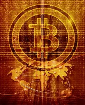 Digital abstract background with bitcoin symbol and world map Stock Illustration