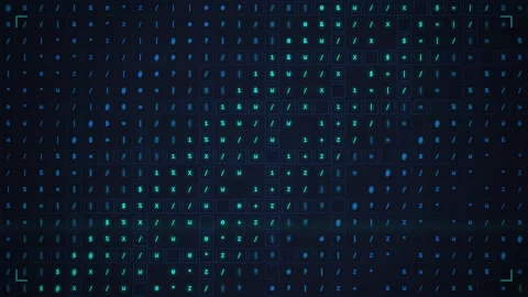 Digital Abstract Background: Glowing Cyan Symbols and Numbers on Dark Grid Stock Footage 348416264