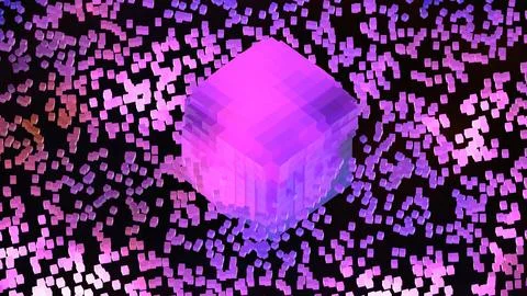 Digital abstract cube with floating particles in vibrant neon hues on black.. Stock Photos