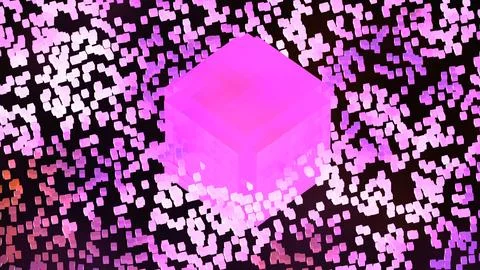 Digital abstract cube with floating particles in vibrant neon hues on black.. Stock Photos