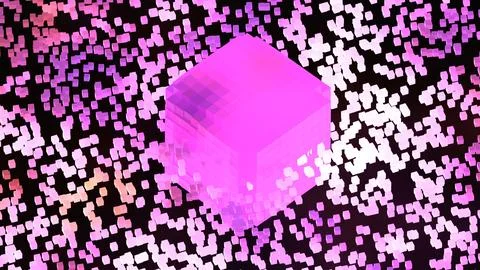 Digital abstract cube with floating particles in vibrant neon hues on black.. Stock Photos