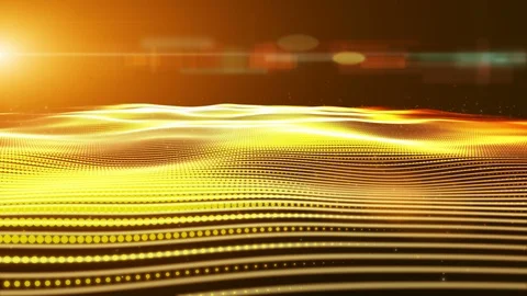 Digital abstract particles form grid lines,Gold yellow orange wavy wave surface Stock Footage 98144206
