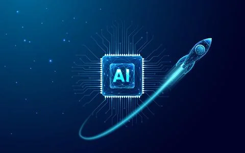 Digital abstract rocket and AI chip. Abstract technology background. Stock-Illustration