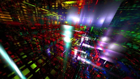 Digital abstract technology background, flight in colored futuristic city Stock Footage 160773471