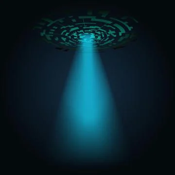 Digital abstract UFO with a ray of light shining down on a dark background. 스톡 일러스트