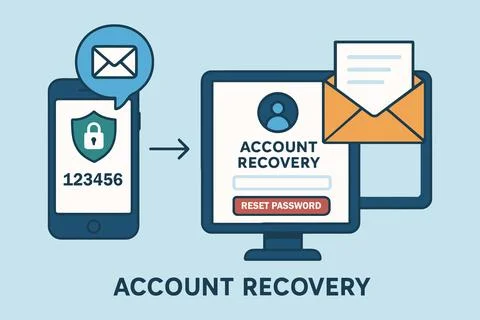 Digital account recovery process with security and communication elements Illustration