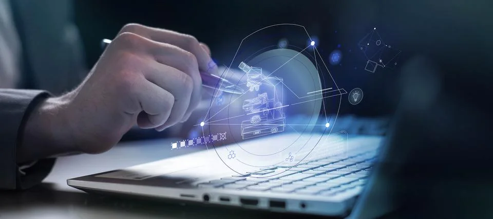 Digital age of microscope use in science and technology Stock Illustration