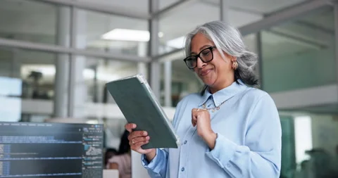 Digital agency, reading or happy woman with tablet, app maintenance proposal or Stock Footage 329400002