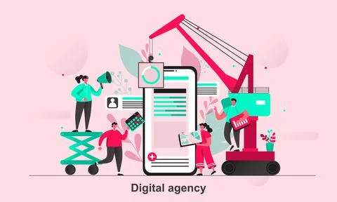 Digital agency web concept design in flat style. Creative team creating digit 스톡 일러스트