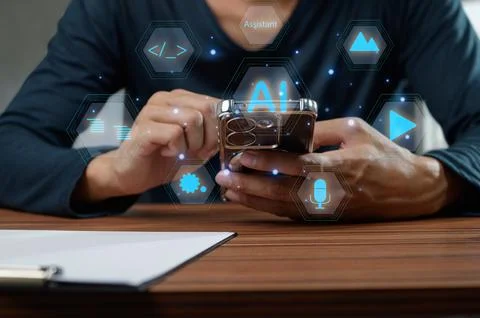 Digital AI Assistant Concept on Virtual Screen with Mobile Device Stock Photos