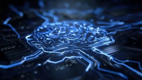 Digital AI Brain Illustration: Circuit Board Traces and Neural Network Stock Footage 339269073