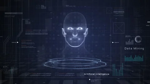 Digital AI face on virtual screen with futuristic data mining, big data Video stock 320031634