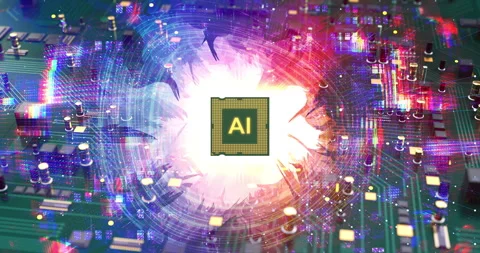 Digital AI microchip processing data on a 3D computer motherboard. Stock Footage 337187196