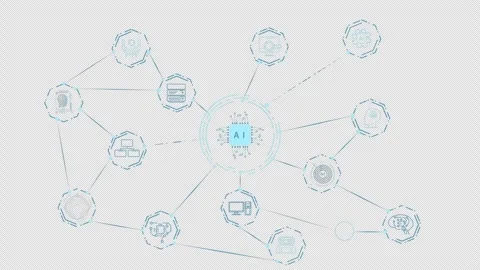 Digital AI processor icon integrated with a network of technology icons Stock Footage 340940417