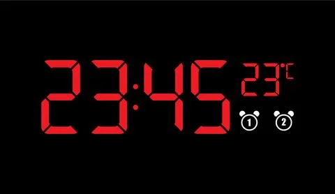 Digital alarm clock displaying time in red glowing LED numbers against dark Stock-Illustration