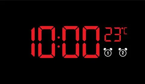 Digital alarm clock face glowing red on black background showing time and Stock Illustration