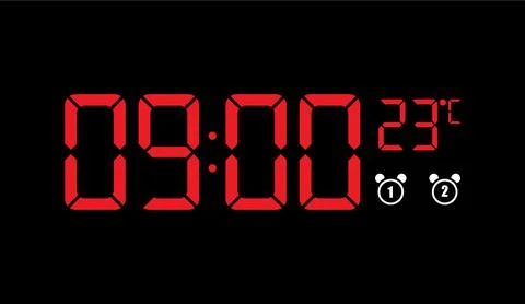 Digital alarm clock glowing red displaying time and temperature on black Stock Illustration