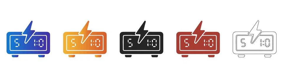 Digital alarm clock with lightning bolt icon set Stock Illustration