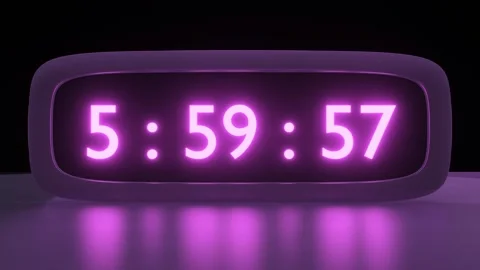 Digital alarm clock with purple clockface waking up at 6 AM. The numbers on the Video stock 260410086