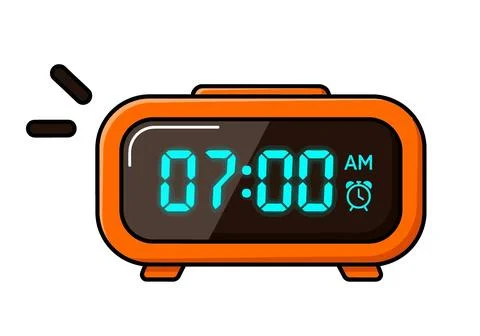 Digital Alarm Clock Showing 7:00 AM with Sound Waves Ilustração Stock