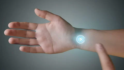 Digital analogue of the human hand of the future, working on software Stock Footage 102560895