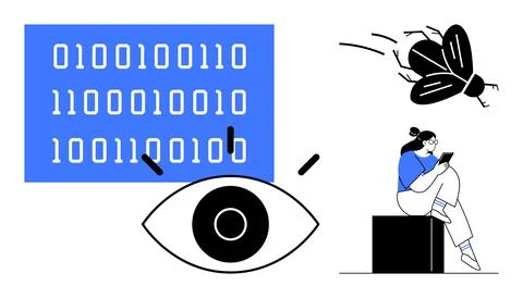 Digital Analysis with Binary Code, Magnifying Glass, Bug, and Contemplative.. 스톡 일러스트