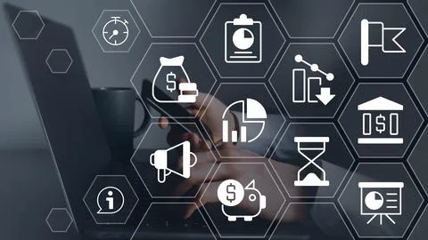 Digital analytics for business closeup image with white glyph icons Stock Photos