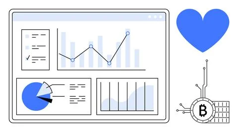 Digital Analytics Dashboard with Bitcoin and Chart Elements in Modern Style Illustrazione stock