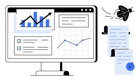 Digital Analytics Dashboard with Charts, Graphs and Data Visualization Tool.. Illustrazione stock