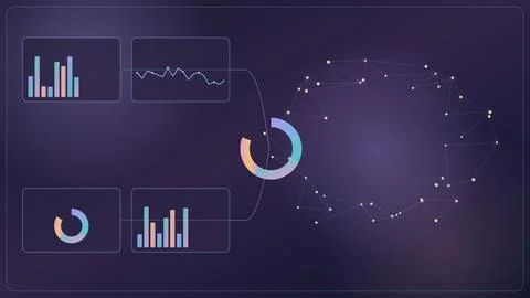 Digital analytics dashboard with charts graphs network connections futurist.. Stock Illustration