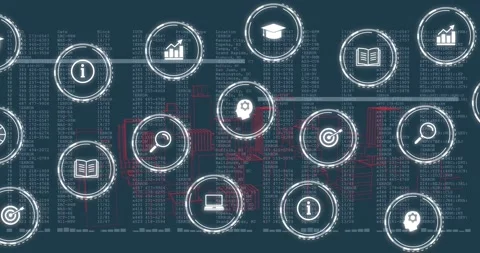 Digital analytics dashboard displaying floating interface icons over wireframe Video stock 327006282