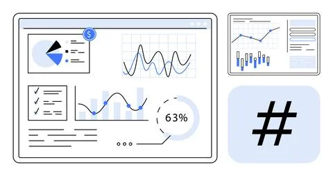 Digital Analytics Dashboard Displaying Various Graphs, Pie Chart, Bar Graph.. Illustrazione stock