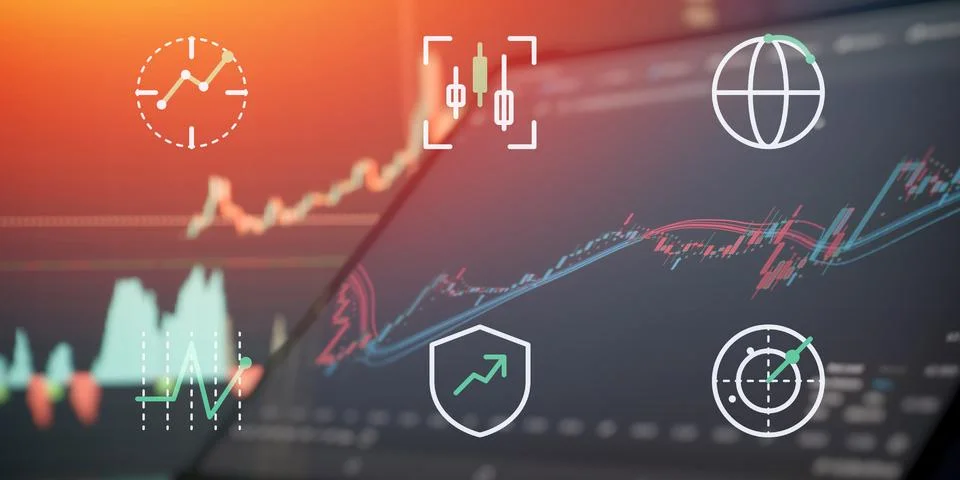 Digital analytics dashboard showing financial data, secure investment symbols Stock Photos