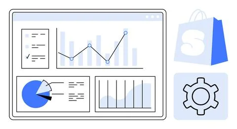 Digital Analytics Dashboard with Various Charts and Shop Icon Illustrazione stock