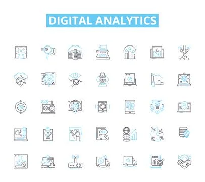 Digital analytics linear icons set. Metrics, Insights, Attribution, Conversion Stock Illustration