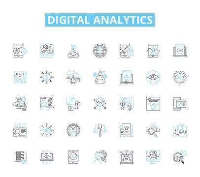 Digital analytics linear icons set. Metrics, Insights, Attribution, Conversion Stock Illustration