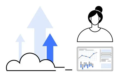 Digital Analytics Progress with Increasing Arrows, Female Profile, and Bar .. イラスト素材