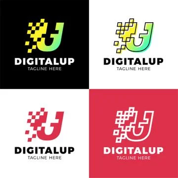 Digital and dynamic up tech U Letter Pixel Motion Logo Design Template Stock Illustration
