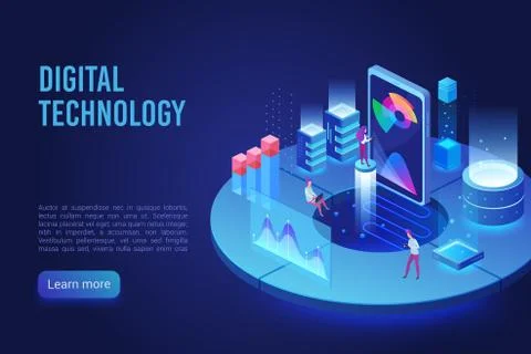 Digital and Internet technology dark neon light landing page isometric vector Stock Illustration