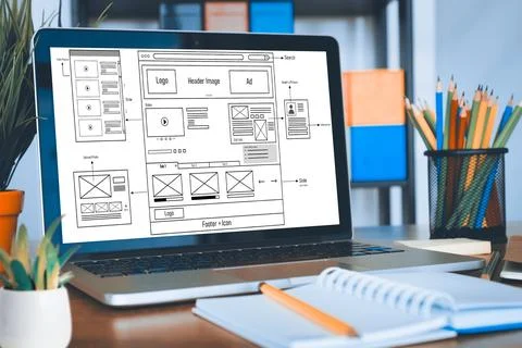 Digital and paper wireframe designs for web or mobile app UI UX display on .. Stock Illustration