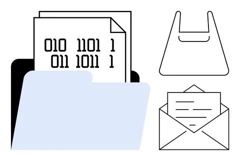 Digital and Physical Document Management Folder, Binary Code Pages, Envelop.. Stock Illustration