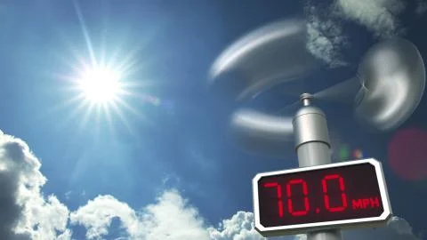 Digital anemometer displays 70 mph wind speed. Hurricane forecast related 3D Illustrazione stock