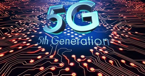 Digital animation of 5g text against microprocessor connections on blue Vídeo Stock 196887378