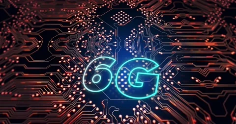 Digital animation of 6g text against microprocessor connections on blue Vídeo Stock 196887342