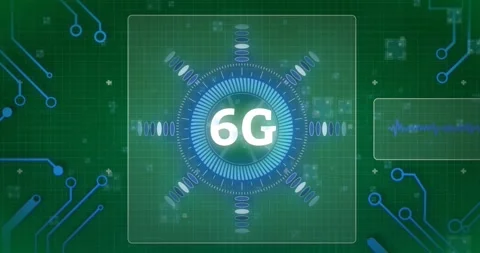 Digital animation of 6g text against microprocessor connections on black Vídeo Stock 324846119